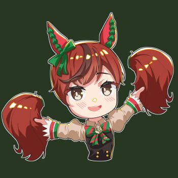 1girl :d animal_ears black_dress blush bow brown_eyes brown_hair brown_shirt collared_shirt commentary cropped_torso detached_hair diagonal-striped_bow dress ear_bow gabu_gabugabuga green_background green_bow hands_up highres holding holding_own_hair horse_ears juliet_sleeves long_sleeves looking_at_viewer multicolored_hair nice_nature_(poinsettia_ribbon)_(umamusume) nice_nature_(umamusume) open_mouth puffy_sleeves shirt simple_background sleeveless sleeveless_dress smile solo streaked_hair striped_bow twintails umamusume upper_body