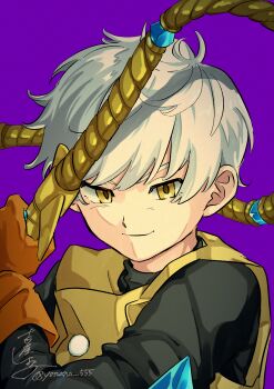 Rule 34 | 1boy, absurdres, black shirt, brown gloves, commentary request, dragon quest, dragon quest iii, gloves, highres, holding, holding whip, looking at viewer, male focus, purple background, shirt, short hair, signature, solo, thief (dq3), vest, white hair, yellow eyes, yellow vest, yoshiya shiyoko