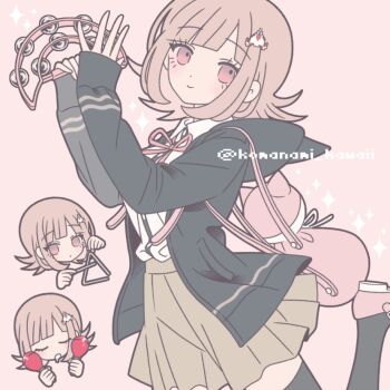1girl animal_bag breasts brown_hair cat_bag collared_shirt danganronpa_(series) danganronpa_2:_goodbye_despair flipped_hair hair_ornament holding holding_instrument holding_maracas holding_tambourine instrument jacket komanami_kawaii long_sleeves looking_at_viewer maracas medium_hair nanami_chiaki neck_ribbon open_clothes open_jacket pink_bag pink_eyes pink_ribbon ribbon shirt skirt smile tambourine thighhighs triangle_(instrument) two-tone_shirt white_shirt