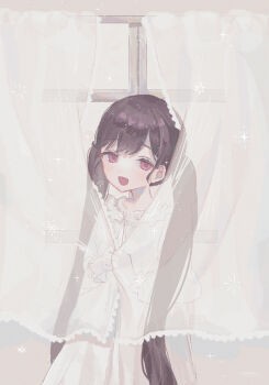 Rule 34 | 1girl, :d, behind curtains, black hair, blush, commentary request, cowboy shot, curtain grab, curtains, curusucururi, frilled nightgown, highres, indoors, long hair, long sleeves, looking at viewer, nightgown, open mouth, original, parted bangs, red eyes, ribbon, see-through curtains, smile, solo, sparkle, standing, swept bangs, twintails, very long hair, white nightgown, white ribbon, window