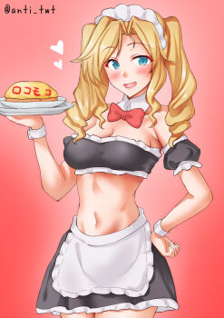 Rule 34 | 1girl, alternate costume, anti (untea9), black skirt, black tube top, blonde hair, blue eyes, bow, bowtie, breasts, commentary request, cowboy shot, detached collar, detached sleeves, drill hair, enmaided, food, frilled tube top, frills, gradient background, highres, honolulu (kancolle), kantai collection, long hair, looking at viewer, maid, maid headdress, medium breasts, midriff, navel, omelet, omurice, one-hour drawing challenge, plate, red background, red bow, red bowtie, skirt, smile, solo, standing, strapless, tube top, twin drills, twintails, twitter username, waitress