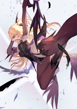 1girl bird black_boots black_dress black_nails blonde_hair boots bow_(weapon) breasts brown_pantyhose brown_thighhighs commentary_request crow detached_sleeves disco dress eyepatch feathers fischl_(genshin_impact) garter_straps genshin_impact green_eyes hashtag-only_commentary highres holding holding_bow_(weapon) holding_weapon lack long_hair open_mouth outstretched_arm oz_(genshin_impact) pantyhose single_leg_pantyhose single_thighhigh sleeveless sleeveless_dress small_breasts smile solo thighhighs weapon