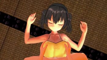 1boy 1girl 3d animated armpits arms_up black_hair breasts brown_eyes cleavage cum cum_on_body cum_on_breasts cum_on_upper_body ejaculation facial gaki_kyonyuu grabbing_another's_breast groping half-closed_eyes highres koikatsu_(medium) large_breasts looking_at_viewer lying medium_hair naughty_face orgasm original paizuri penis pov sasaki_kanna sleep_molestation smile surprised tagme tan tank_top tanline video walking
