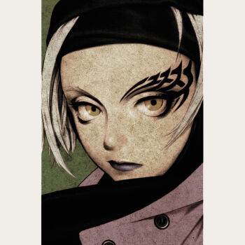bad_id black_eyeshadow black_headscarf buttons close-up closed_mouth coat expressionless eye_tattoo eyeshadow film_grain headscarf lipstick looking_at_viewer makeup mascara murata_range nose original pink_coat purple_lips short_hair simple_background straight_hair tattoo white_hair yellow_eyes