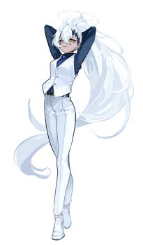 Rule 34 | 1girl, absurdres, blue archive, blue necktie, dantyou2525, dark-skinned female, dark skin, full body, haine (blue archive), high ponytail, highres, long hair, long sleeves, necktie, pants, ponytail, simple background, solo, vest, white background, white hair, white pants, white vest