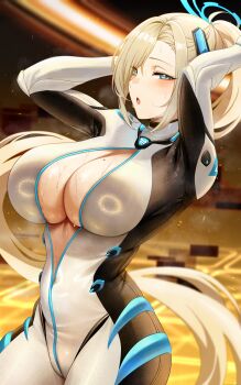 1girl absurdly_long_hair aki_yama73 arms_up asuna_(blue_archive) blonde_hair blue_archive blue_eyes blue_halo blush bodysuit breasts cleavage cleavage_cutout clothing_cutout commentary cosplay floating_hair grin hair_ornament halo highres impossible_bodysuit impossible_clothes indoors large_breasts long_hair rio_(armed)_(blue_archive) rio_(blue_archive) rio_(blue_archive)_(cosplay) skin_tight smile solo sweat very_long_hair white_bodysuit