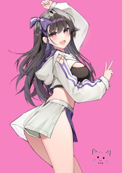 1girl :d absurdres arm_up artist_logo artistic_error ass asymmetrical_bangs azur_lane black_hair black_sports_bra bow breasts chinese_commentary clothing_cutout commentary_request dated from_side hair_behind_ear hair_bow hand_up highres hood hood_down hooded_shrug large_breasts logo long_hair long_sleeves looking_at_viewer loungewear midriff miniskirt no_panties official_alternate_costume one_side_up open_mouth pamiat_merkuria_(azur_lane) pamiat_merkuria_(pick_and_choose!)_(azur_lane) pink_background pink_eyes purple_bow shoulder_cutout shrug_(clothing) side_slit sijinni simple_background skindentation skirt smile solo sports_bra standing thighs translucent turning_head twisted_torso v white_shrug white_skirt