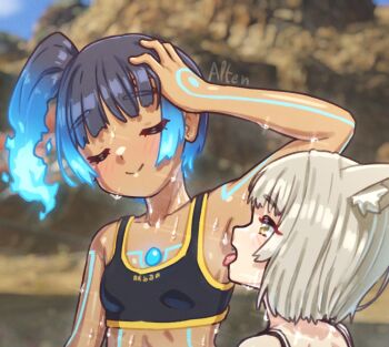 Rule 34 | 2girls, alten, animal ear fluff, animal ears, arm up, armpits, bakushin o armpit gif (meme), black sports bra, blue hair, breasts, cat ears, chest jewel, dark-skinned female, dark skin, fiery hair, glowing lines, grey hair, hand on own head, highres, licking, licking armpit, meme, mio (xenoblade), multiple girls, presenting armpit, sena (xenoblade), side ponytail, small breasts, sports bra, sweat, very sweaty, xenoblade chronicles (series), xenoblade chronicles 3, yellow trim, yuri