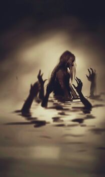 1boy blurry dark diavolo from_side highres horror_(theme) jojo_no_kimyou_na_bouken konqqq7 long_hair male_focus monochrome polka_dot polka_dot_hair solo_focus spotted_hair surreal vento_aureo water