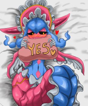 black_sclera blue_hair blush colored_sclera digimon digimon_(creature) eeee hat horns lamia lamiamon long_hair lying monster_girl ribbon yellow_eyes yes-no_pillow