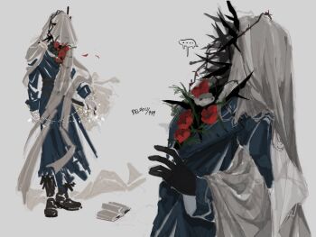 Rule 34 | ..., 1boy, black boots, black gloves, blue coat, boots, charon (reverse:1999), coat, dog tags, flower, fujji 771, full body, gloves, grey background, highres, holding dog tags, male focus, multiple views, notebook, object head, poppy (flower), red flower, reverse:1999, speech bubble, spoken ellipsis, standing, upper body, veil, white gloves, white veil