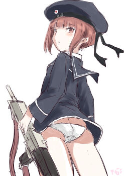 1girl ass black_dress black_hat black_sailor_collar brown_eyes brown_hair butt_crack commentary_request cowboy_shot dress from_behind fuji_(pixiv24804665) gun hat highres kantai_collection looking_at_viewer looking_back panties rifle sailor_collar sailor_dress sailor_hat short_hair simple_background solo underwear weapon white_background white_panties z3_max_schultz_(kancolle)