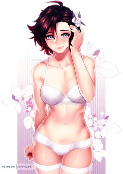 1girl ahoge artist_name black_hair blush bra breasts cleavage collarbone flower gradient_hair grey_eyes hair_flower hair_ornament highres lace lips looking_at_viewer medium_breasts multicolored_hair navel panties phloxberry red_hair ruby_rose rwby short_hair smile solo stomach thighhighs thighs underwear white_bra white_panties