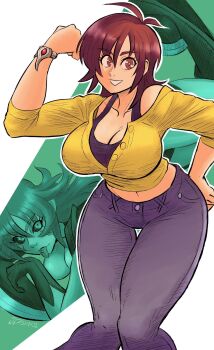 1girl alternate_form amaha_masane antenna_hair armor bracelet breasts brown_eyes brown_hair cleavage clenched_teeth curvy highres jewelry large_breasts long_hair looking_at_viewer multiple_views navel shirt short_hair teeth tongue tongue_out videajames wet wide_hips witchblade_(anime) yellow_shirt