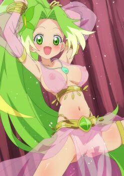 1girl absurdres blonde_hair blush breasts butterfly_hair_ornament curtains dancing green_hair hair_ornament harem_outfit high_ponytail highres jewelpet_(series) jewelpet_magical_change jewelry large_breasts long_hair looking_at_viewer multicolored_hair nipples pendant peridot_(jewelpet) ponytail pussy revealing_clothes see-through_clothes teiputi uncensored