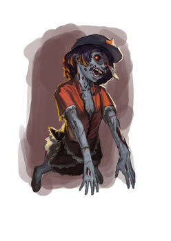 Rule 34 | 1girl, black footwear, black sclera, black skirt, blood, bone, newsboy cap, chinese clothes, colored sclera, colored skin, commentary request, full body, grey hat, grey skin, hat, highres, jiangshi, looking at viewer, miyako yoshika, ofuda, open mouth, purple hair, red eyes, red shirt, sendai (nazonomono), sharp teeth, shirt, short hair, short sleeves, skirt, solo, star (symbol), tangzhuang, teeth, touhou, undead, zombie