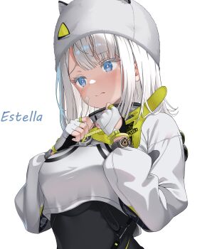 Rule 34 | 1girl, absurdres, animal hat, arknights, arknights: endfield, bandaid, bandaid on cheek, bandaid on face, black bodysuit, blue eyes, blush, bodysuit, breasts, character name, closed mouth, commentary request, estella (arknights), facing to the side, fingerless gloves, from side, gloves, hands on own chest, hands up, hat, highres, long hair, shirt, shy, simple background, solo, teef, upper body, white background, white hair, white hat