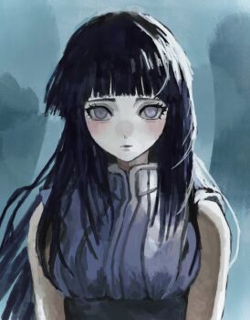 Rule 34 | 1girl, absurdres, aqua background, black hair, blunt bangs, blush, breasts, commentary request, empty eyes, floating hair, high collar, highres, hyuuga hinata, long hair, looking at viewer, medium breasts, naruto: the last, naruto (series), naruto shippuuden, nnnn 2222, pale skin, parted lips, purple eyes, purple shirt, shirt, sidelighting, simple background, sleeveless, sleeveless shirt, solo, straight-on, straight hair, upper body