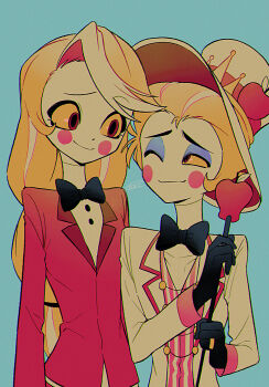 Rule 34 | 1boy, 1girl, ;), absurdres, apple print, aqua background, arms at sides, black bow, black bowtie, black gloves, blonde hair, blue eyeshadow, bow, bowtie, buttons, charlie morningstar, chromatic aberration, circle facial mark, closed mouth, colored sclera, colored skin, commentary request, eye contact, eyeshadow, father and daughter, film grain, food print, fruit print, gloves, hair slicked back, hand up, hat, hazbin hotel, hellaverse, highres, holding, holding staff, jacket, lapels, long hair, looking at another, low-tied long hair, lucifer morningstar (hazbin hotel), makeup, menma (enaic31), multicolored hair, notched lapels, one eye closed, open clothes, open jacket, raised eyebrow, raised inner eyebrows, red eyes, red hair, red jacket, red trim, red vest, retro artstyle, shirt, short hair, signature, simple background, skinny, smile, staff, striped clothes, striped vest, top hat, traditional bowtie, two-tone hair, two-tone vest, upper body, vertical-striped clothes, vertical-striped vest, very long hair, vest, white hat, white jacket, white shirt, white skin, yellow sclera