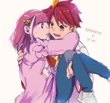 1boy 1girl arched_bangs blush cardigan carrying carrying_person crispin_(pokemon) hair_ornament hairclip highres holding jacket lacey_(pokemon) long_sleeves multicolored_hair nintendo open_clothes open_mouth pants pink_hair pokemon pokemon_sv princess_carry red_hair shirt short_hair simple_background smile taipbeeeeeta two-tone_hair white_background white_jacket white_shirt yellow_eyes