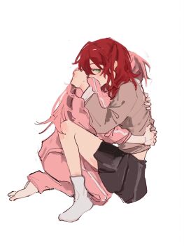 2girls black_skirt bocchi_the_rock! brown_jacket chinese_commentary commentary_request gotoh_hitori green_eyes hair_between_eyes highres hug jacket kita_ikuyo lingyi long_hair long_sleeves multiple_girls mutual_hug one_side_up pants pink_hair pink_jacket pink_pants pleated_skirt red_hair school_uniform shuka_high_school_uniform skirt socks track_jacket track_pants white_socks yuri