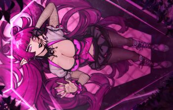 1girl black_skirt boots breasts casket cleavage cross-shaped_pupils dress eyebrows_hidden_by_hair fishnet_sleeves fishnets full_body glass goth_fashion hand_on_own_chin highres knee_boots large_breasts long_hair looking_at_viewer lying maplekeurig midriff nail_polish on_back open_mouth original pink_boots pink_dress pink_eyes pink_hair pointy_ears rotated skirt smile solo symbol-shaped_pupils vampire very_long_hair