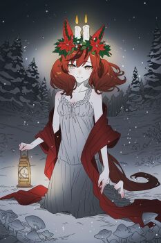 absurdres animal_ears bare_shoulders barefoot candle_on_headwear candlelight commentary english_commentary field flower head_wreath highres horse_ears horse_girl kneeling lantern light_smile low_twintails mushroom nekoromancer nice_nature_(umamusume) night nightgown pine_tree poinsettia red_hair self-upload snow snowing tree twintails umamusume white_nightgown winter
