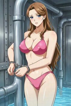 1girl animated animated_gif bdsm bikini blue_eyes bondage bouncing_breasts bound bound_to_pole breasts brown_hair cleavage covered_erect_nipples cuffs handcuffed handcuffs jiggle large_breasts legs navel pink_bikini pole struggling swimsuit thighs thong_bikini titanic_(movie) worried
