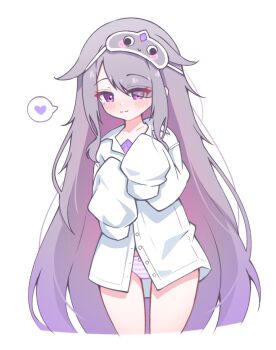 1girl :3 blush chest_jewel closed_mouth colored_inner_hair commentary dress_shirt english_commentary gem gradient_hair grey_hair hair_flaps heart hololive hololive_english jewel_under_eye koseki_bijou long_hair long_sleeves looking_at_viewer mask mask_on_head messy_hair multicolored_hair no_pants oversized_clothes oversized_shirt panties partially_unbuttoned purple_eyes purple_gem purple_hair shirt shutowl simple_background sleep_mask solo spoken_heart striped_clothes striped_panties underwear very_long_hair virtual_youtuber white_background white_panties white_shirt