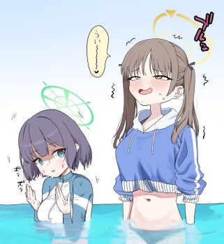 2girls bikini bikini_bottom_only blue_archive blue_hoodie breasts brown_hair cropped_hoodie expressionless green_halo halo highres hood hoodie implied_peeing jacket large_breasts long_hair mochini moe_(blue_archive) moe_(swimsuit)_(blue_archive) multicolored_jacket multiple_girls navel ocean official_alternate_costume open_mouth peeing peeing_underwater raglan_sleeves saki_(blue_archive) saki_(swimsuit)_(blue_archive) short_hair swimsuit twintails two-tone_jacket wet yellow_eyes yellow_halo