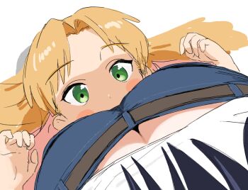 2girls arato_nagi ass belt black_hair blush butt_crack denim goreinu_white green_eyes jeans lying multiple_girls on_back orange_hair pants ruri_no_houseki shirt sitting sitting_on_face sitting_on_person tanigawa_ruri white_shirt yuri