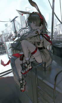 1girl absurdres animal_ears april_(arknights) arknights ass black_gloves brown_hair building chinese_commentary city cityscape commentary_request dress gloves hand_on_headphones headphones highres lemtun light_smile long_hair long_sleeves outdoors purple_eyes rabbit_ears rabbit_girl shoes single_glove sitting skyscraper sneakers socks solar_panel solo striped_clothes striped_socks walkman white_dress white_socks