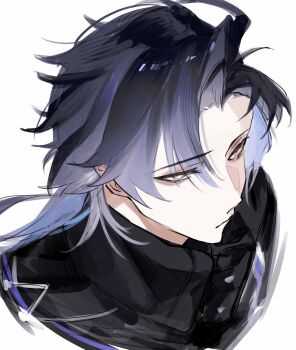 Rule 34 | 1boy, absurdres, ahoge, black coat, closed mouth, coat, commentary request, empty eyes, flins (genshin impact), genshin impact, highres, looking up, male focus, multicolored hair, no pupils, sa 3987, simple background, solo, white background