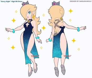 artist_name ass blonde_hair blue_eyes crown earrings high_heels highres jewelry mario_(series) mature_female nintendo no_bra no_panties non-web_source reference_sheet rosalina sarukaiwolf simple_background star_(symbol) super_mario_galaxy thick_thighs thighs white_background