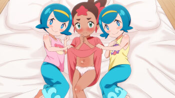 3girls angie_(meganekko-geki-love-1008) blue_eyes blue_hair blush brown_hair character_print closed_mouth clothes_lift dark-skinned_female dark_skin gen_1_pokemon green_eyes harper_(pokemon) highres loli lying mimo_(pokemon) multiple_girls navel nintendo on_back panties pants pillow pink_shirt pokemon pokemon_(anime) pokemon_the_series:_sun_&amp;_moon sarah_(pokemon) shellder shirt short_hair siblings sisters slowpoke smile twins underwear white_panties