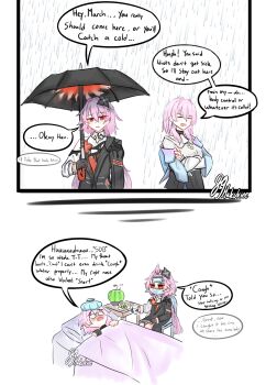 2girls absurdres artist_name asymmetrical_dress bed bed_sheet black_choker black_corset black_dress black_flower black_gloves black_umbrella blush bra_strap chair choker closed_eyes cold commentary corset cowboy_shot dress earrings english_commentary english_text evernight_(honkai:_star_rail) flower flower_ornament gloves gradient_clothes gradient_jacket hair_between_eyes hair_flower hair_ornament hairclip hakukiee half-jacket head_on_pillow highres holding holding_umbrella honkai:_star_rail honkai_(series) jacket jewelry long_hair long_sleeves looking_at_viewer lying march_7th_(honkai:_star_rail) mask medium_hair mouth_mask multiple_girls official_alternate_eye_color on_back on_bed on_chair open_mouth pillow pink_hair rain red_eyes shirt sick single_bare_shoulder single_earring speech_bubble tearing_up umbrella