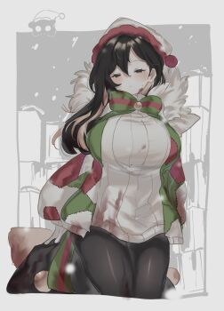 1girl bell binah_(project_moon) black_eyes black_hair black_pants blonde_hair blood blood_on_clothes blood_on_face bow commentary e.g.o_(project_moon) ee_extension_02 fur_collar hat highres holding holding_sack holiday_(e.g.o) jacket jingle_bell limbus_company mole mole_under_eye multicolored_hair open_clothes open_jacket pants patchwork_clothes project_moon sack santa_hat snow solo streaked_hair sweater symbol-only_commentary white_sweater