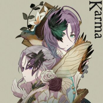 2girls album_cover asakura_toru bad_link bare_shoulders bird blue_eyes bracelet bug butterfly cover earrings feather_hair_ornament feathers flower fumage_(idolmaster) green_background hair_ornament idolmaster idolmaster_shiny_colors idolmaster_shiny_colors_song_for_prism insect jewelry long_hair multiple_girls official_art open_mouth pearl_bracelet purple_flower purple_hair purple_rose rose yukoku_kiriko