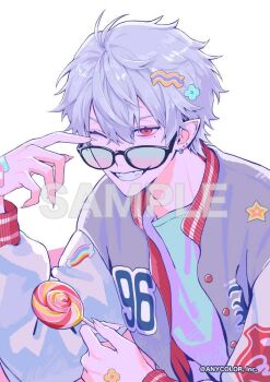 1boy adjusting_eyewear antenna_hair aqua-tinted_eyewear aqua_shirt bandaid bandaid_on_hand bespectacled black-framed_eyewear candy copyright_notice ear_piercing earrings fingernails food glasses gradient-tinted_eyewear grey_hair grey_jacket grin hair_between_eyes hair_ornament hairclip holding holding_candy holding_food holding_lollipop jacket jewelry kuzuha_(nijisanji) letterman_jacket lollipop long_sleeves looking_at_viewer male_focus mole mole_under_eye nijisanji official_art one_eye_closed open_clothes open_jacket pastel_colors piercing pink_background pointy_ears red_eyes sample_watermark sharp_fingernails shirt simple_background smile solo sriokorr sticker sticker_on_clothes swirl_lollipop tinted_eyewear two-tone_background upper_body v-shaped_eyebrows virtual_youtuber watermark white_background white_sleeves