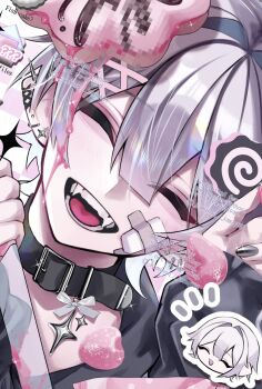 Rule 34 | 1boy, bandaid, bandaid on face, belt collar, blood, blur censor, censored, closed eyes, collar, commentary request, crossdressing, crossdressing (mtf), fangs, food, fruit, highres, holding, holding knife, holding weapon, kaminoq, knife, male focus, open mouth, original, pink blood, ribbon, strawberry, weapon, white hair