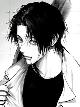 Rule 34 | 1boy, black hair, black shirt, closed mouth, dang0 23, grey background, grey eyes, highres, holding, holding jacket, holding unworn clothes, jacket, jewelry, jujutsu kaisen, looking at viewer, male focus, monochrome, necklace, necklace in mouth, okkotsu yuuta, open clothes, open jacket, portrait, ring, ring necklace, shirt, short hair, solo, unworn jacket