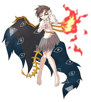 1girl alphes_(style) barefoot breasts brown_hair collared_shirt commentary_request dairi eye_mask eye_of_providence eye_print fire full_body hand_up highres iwanaga_ariya large_variant_set long_sleeves mask medium_breasts parody shirt short_hair solo style_parody tachi-e touhou transparent_background variant_set white_sleeves wings