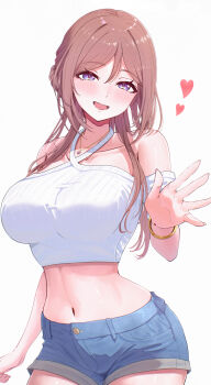1girl absurdres bangle bare_shoulders blue_eyes blue_shorts bracelet breasts brown_hair commentary cowboy_shot criss-cross_halter crop_top denim denim_shorts gakuen_idolmaster hair_between_eyes hair_bun halterneck heart highres himesaki_rinami idolmaster jewelry large_breasts long_hair looking_at_viewer midriff navel necklace off_shoulder open_mouth see-through_cleavage see-through_clothes shirt short_shorts short_sleeves shorts simple_background smile solo stomach take978733141 white_background white_shirt