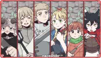 3boys 3girls animal_ears armor artist_name asymmetrical_bangs beard black_hair blonde_hair blue_capelet body_fur border bow_(weapon) braid brick_wall brown_hair capelet cat_ears cat_girl chilchuck_tims choker column_lineup covered_mouth crop_top dungeon_meshi dwarf elf facial_hair facing_viewer fake_horns falin_touden green_scarf grey_robe hair_over_shoulder halfling helmet highres holding holding_bow_(weapon) holding_knife holding_staff holding_weapon horned_helmet horns izutsumi kitchen_knife knife korean_commentary laios_touden large_ears leather_armor licking licking_hand long_beard long_hair long_sleeves looking_at_viewer marcille_donato midriff mismatched_animal_ear_colors multiple_boys multiple_girls mustache nazeondo pixel_art plant plate_armor pointy_ears red_border red_scarf robe scarf senshi_(dungeon_meshi) shirt short_hair sleeveless slit_pupils staff twin_braids upper_body vines weapon white_shirt yellow_eyes