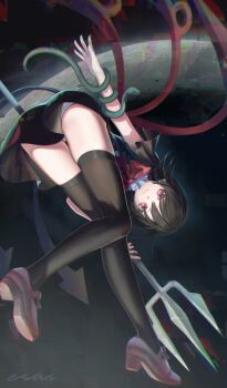 Rule 34 | 1girl, absurdres, asymmetrical wings, black dress, black hair, black thighhighs, bow, chromatic aberration, dress, highres, houjuu nue, medium hair, midair, mo yu de jiaozi, panties, panty peek, polearm, red bow, red eyes, short dress, solo, thighhighs, touhou, trident, underwear, weapon, white panties, wings