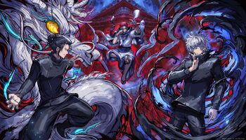 3boys absurdres arm_up artist_name black_hair blue_eyes body_markings colored_eyelashes commentary commission crossed_fingers crossed_legs domain_expansion dragon eastern_dragon english_commentary facial_mark floating_clothes getou_suguru gojou_satoru hair_bun highres imminent_fight japanese_clothes jujutsu_kaisen jujutsu_tech_uniform looking_at_another multiple_boys plug_(piercing) red_hair ryoumen_sukuna_(jujutsu_kaisen) sa-dui sandals short_hair white_hair