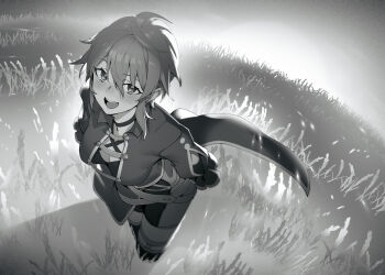 Rule 34 | 1girl, :d, ardee varma, astraea record, breasts, choker, dungeon ni deai wo motomeru no wa machigatteiru darou ka, greyscale, hair between eyes, highres, jacket, kakage, looking at viewer, medium breasts, monochrome, novel illustration, official art, open mouth, outdoors, short hair, sidelocks, smile, solo, standing, third-party source, wheat field