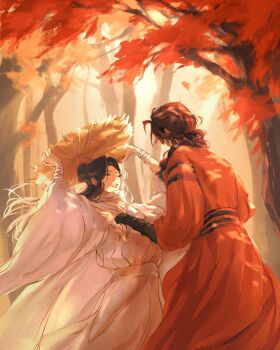 Rule 34 | 2boys, ^ ^, acidiccandles, arms up, autumn, bandaged arm, bandages, black hair, braid, braided ponytail, chinese clothes, closed eyes, commentary, dappled sunlight, day, english commentary, falling leaves, forest, from behind, hair bun, hair over shoulder, hanfu, hat, highres, holding, holding unworn clothes, holding unworn hat, hua cheng, leaf, long hair, long sleeves, looking at another, male focus, multiple boys, nature, open mouth, outdoors, red hanfu, rice hat, san lang, single hair bun, smile, standing, sunlight, tianguan cifu, tree, unworn hat, unworn headwear, white hanfu, wide sleeves, xie lian