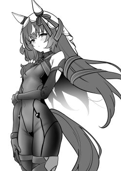 1girl animal_ears blush bodysuit breasts commentary_request ear_covers greyscale herohero_(higashi_no_dou) highres horse_ears horse_girl horse_tail looking_at_viewer monochrome simple_background small_breasts solo still_in_love_(umamusume) tail umamusume veil white_background