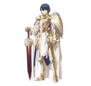 1boy absurdres alfonse_(fire_emblem) alfonse_(opening_miracle)_(fire_emblem) arm_shield armor blue_eyes blue_hair cape closed_mouth commentary english_commentary fire_emblem fire_emblem_heroes full_body gauntlets gradient_hair hand_on_hilt highres kozaki_yuusuke looking_at_viewer male_focus multicolored_hair nintendo official_art pelvic_curtain second-party_source sheath sheathed shield short_hair simple_background solo standing sword weapon white_background